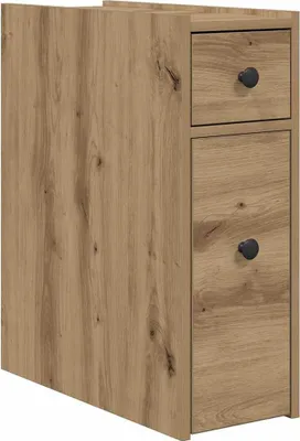 A narrow cabinet with two drawers, made of wood-look material, shown from a side angle.