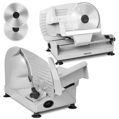 Produktbild von 7MAGIC Electric Slicer, Stainless Steel Blade, Sausage Slicer with Adjustable Cutting Thickness (0-15 mm), Cheese Slicer, Bread Slicer, 200 W, Silver