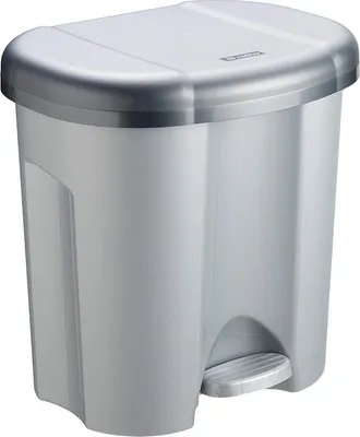 A silver and gray pedal trash can is shown against a white background.