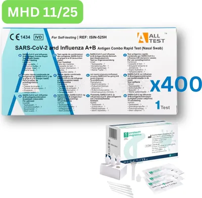 Zdjęcie produktu dla Alltest COVID & Influenza A+B antygen szybki test (wymaz z nosa, test świeży) 400 sztuk BBD 11/25| pojedynczy test | ID: 2099 | DARMOWE testy parahealth (5 sztuk, BBD 12/25)