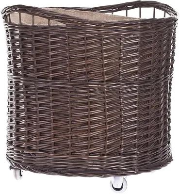 Image de Panier rond en osier, avec des roulettes et une doublure en jute (marron foncé)