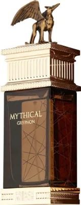 A perfume bottle with a decorative cap featuring a mythical creature.