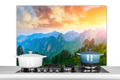 Obrázok produktu pre MuchoWow® Splashback Kuchyňa - Kuchynský backsplash - Ochrana steny pre sporák a drez Hory - Stromy - Západ slnka - Príroda 100x65cm Alu-Dibond