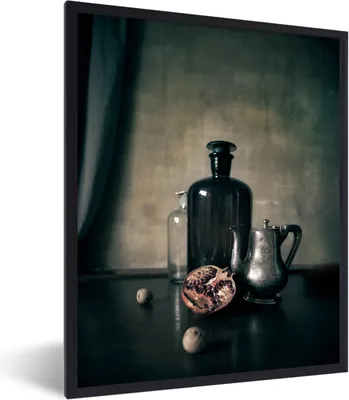 Produktbild von MuchoWow® Gerahmtes Poster Stilleben - Flasche - Obst 60x80 cm - Poster mit Schwarzem Bilderrahmen Wandposter Rahmen Foto Bilder - Premium - Wanddeko Wohnzimmer