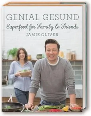 A cookbook cover featuring Jamie Oliver and a woman in a kitchen setting.