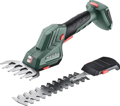 A cordless shrub and grass shear with two interchangeable blades on a white background.