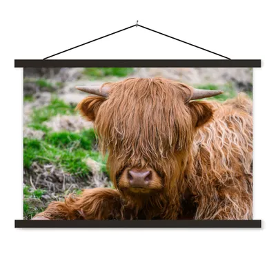 Produktbild von MuchoWow® Textilposter Schottischer Highlander - Heu - Gras 150x100 cm mit schwarzem Rahmen - Schlafzimmer