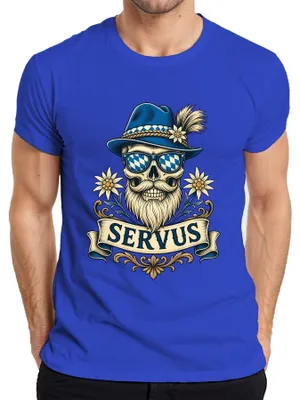 Produktbild von Servus Totenkopf Bart Trachtenhut Edelweiss Bayern Lederhose Herren T-Shirt, Blau, 3XL