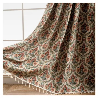 Produktbild von Vorhang im Shabby-Blumen-Design, 1 Paneel, Jacquard, halbverdunkelnd, für Schlafzimmer und Wohnzimmer, Vintage-Quasten, 150 x 220 cm