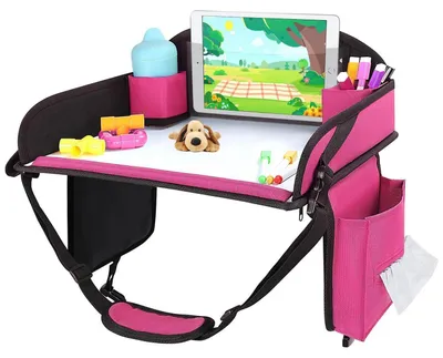 Obrázok produktu pre Cestovný stolík pre detskú autosedačku, podnos na knihu s organizérom, skladací, umývateľný, ružový, 43x34x3,8 cm