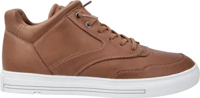 A side view of a brown leather sneaker with a white sole.