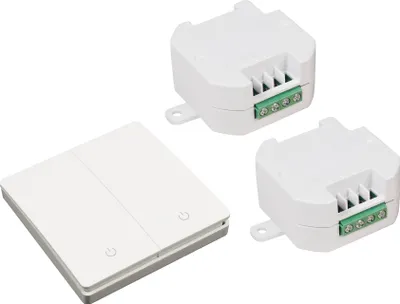 Produktbild von Funk-Schalter Set McPower "Kinetic", 2x Empfänger + 2-fach Wandtaster, max. 2.300 Watt
