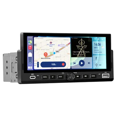 Obrázok produktu pre 1 DIN autorádio s 6,86-palcovým IPS HD displejom (1024×600), podporou CarPlay a Android Auto, USB portom a možnosťou pripojenia cúvacej kamery