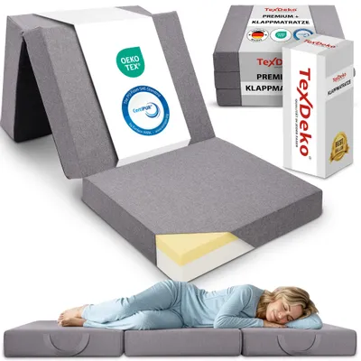 Produktbild von TexDeko® Premium Klappmatratze 15x75x195cm, 3-teilig, 11cm dick mit 4cm Visco-Schicht, waschbarer Bezug, Anti-Rutsch, ideal als Gästematratze (Grau)