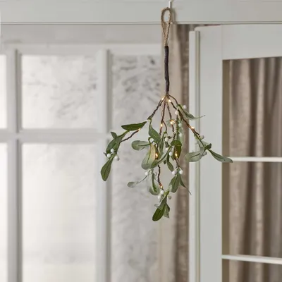 A decorative mistletoe branch with LED lights hangs from a hook.