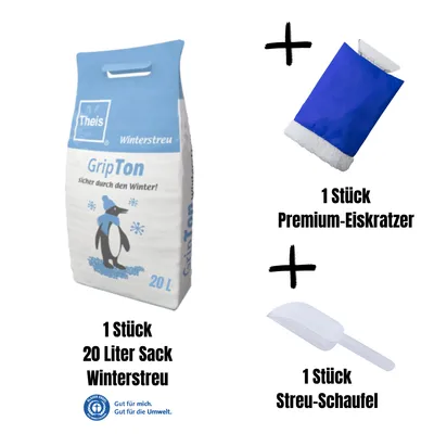 Produktbild von Winterstreu-Bundle - Natürliches, Salzfreies Streugut für Gehwege und Straßen, Umweltfreundlich und Wiederverwendbar inkl. Eiskratzer und Schaufel 20L