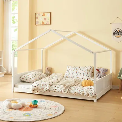 Produktbild von Kinderbett 140x200 cm, weißes Hausbett aus massivem Kiefernholz mit Lattenrost