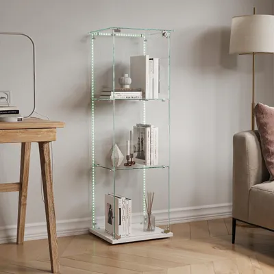 Obrázek produktu pro Skleněná vitrína – stojanová vitrína – LED osvětlení – 1 dvířka – 5 polic – kovový rám – moderní design – bílá