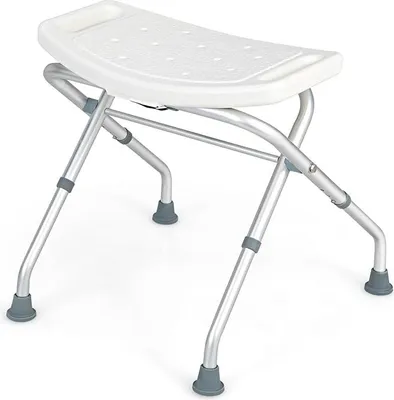 A white and silver shower stool is shown against a white background.