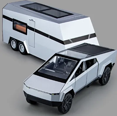 Produktbild von Tesla Spielzeugauto 1:32, , Rückziehmechanismus, Farbe: Silber, Metall, inklusive ATV, Wohnwagen, bewegliche Teile, realistische Figuren, bewegliche Räder, geeignet für Kinder und Erwachsene, ideal zum Sammeln und Spielen