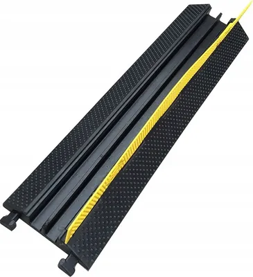 A black and yellow cable protector ramp is shown on a white background.