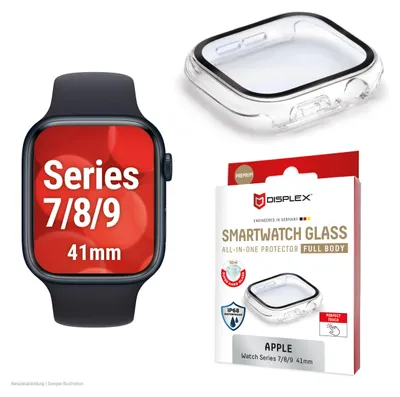 Produktbild von Displex 10H Panzerglas für Apple Watch 9/8/7 (41mm), Full Body Schutz, IP68, Snap-On, transparent, Displayschutz, Smartwatch, Transparent, Apple, Apple Watch 9/8/7 (41mm), Polycarbonat (PC), Gehärtetes Glas