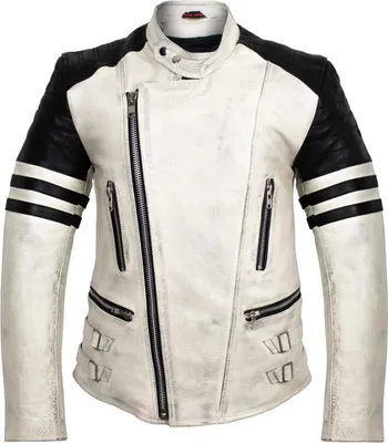 Produktbild von Herren Retro Motorrad Lederjacke mit Protektoren in Creme Weiß Bikerjacke Rocker(L)