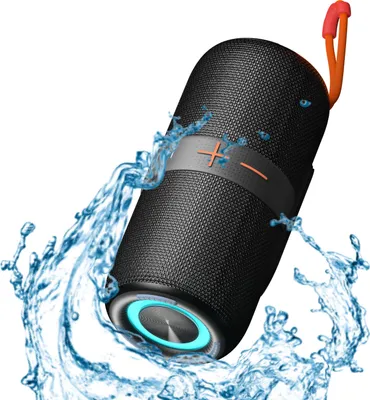 A black portable Bluetooth speaker is shown with water splashing around it, suggesting it is waterproof.