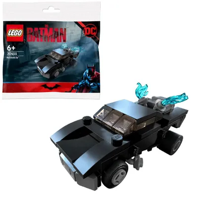 A LEGO polybag featuring a Batman vehicle and a built LEGO model of the vehicle.