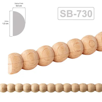 Produktbild von ben+camilla.com Zierleiste Halbrundstab Buchenholz 12x5,5x1000 mm, 3D Perl-Motiv, unbehandelt, europäisch, für Möbelbau, Raumgestaltung, Modellbau, Bilderrahmen, Spiegelumrandung