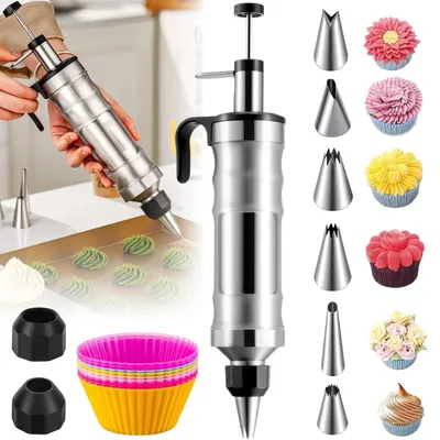 Produktbild von Spritzenset zum Dekorieren von Cupcakes und Torten - Dekorationsspritze - Edelstahl - 6 Spritztüllen - Für Gebäck und Desserts