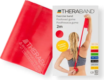A red Theraband exercise band is shown next to its packaging, which features an illustration of a woman using the band.