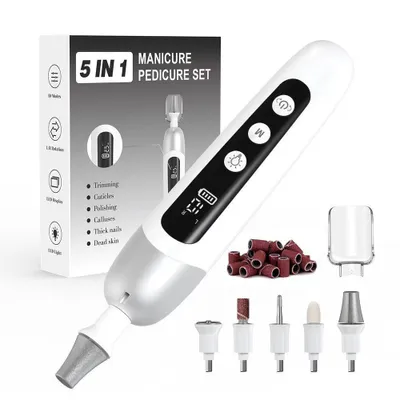 Produktbild von Maniküre Pediküre Set elektrisch | Nagelfräser mit 6 Aufsätzen | 5 Geschwindigkeiten & LED Licht | Weiß