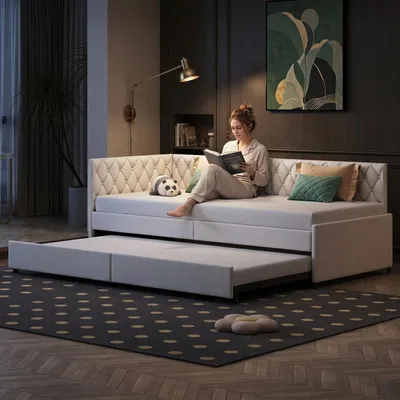 Immagine prodotto di Divano letto ProximaX con letto estraibile 90x200 cm, velluto beige, 2 posti letto, divano pieghevole con funzione letto, letto per ospiti, con trapuntatura a bottoni