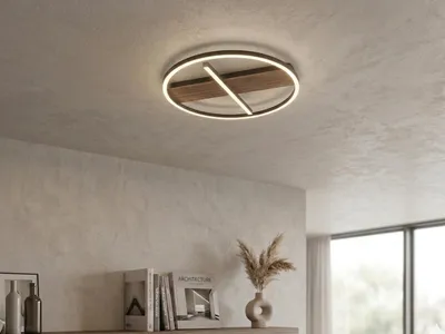 Produktbild von Moderne LED Deckenleuchte Metall in Holzoptik, 3 Lichtfarbe einstellbar Ø 50cm