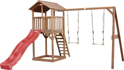 Produktbild von AXI Beach Tower Spielturm aus Holz in Braun | Spielhaus für Kinder mit roter Rutsche, Doppelschaukel und Sandkasten | Stelzenhaus für den Garten