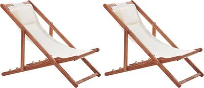 Produktbild von BELIANI Liegestuhl 2er Set Dunkelbraun und Cremeweiß Akazienholz mit 2 Ersatzstoffbezügen zur Auswahl Zusammenklappbar Modern Balkon Garten Outdoor