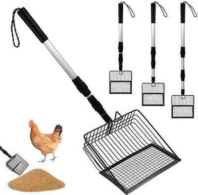 Obrázek produktu pro Hrabačka na slepičí trus, 3 v 1, nastavitelná hrabačka (57, 77, 106 cm), příslušenství pro kurník, čisticí nářadí pro oddělování trusu a nečistot od písku