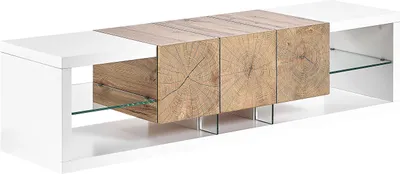 Produktbild von BELIANI TV-Möbel Weiß / Heller Holzfarbton 40 x 160 x 42 cm Modern mit Schublade MDF-Platte Sicherheitsglas Offene Fächer Praktisch Wohnzimmer