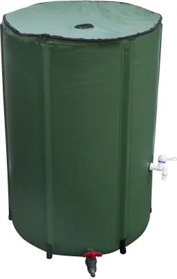 A green collapsible rain barrel with a tap and a lid.