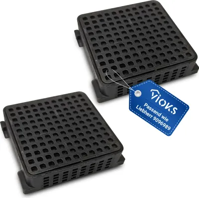 Two black filter components are shown on a white background, with a blue tag attached to one of them.