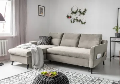 Produktbild von MIUFORM Stylish Stan Velours - Ecksofa mit Bettfunktion - 224x148cm - Beige - L-Form Links - Schlafsofa Couch