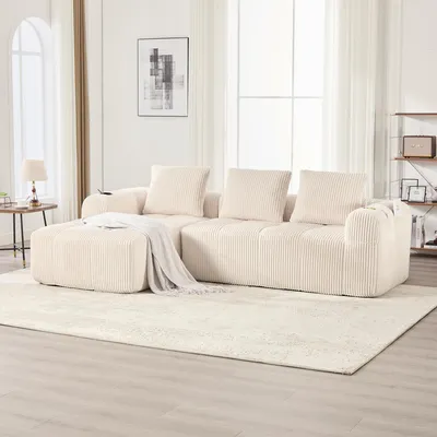 Image de OKWISH Canapé Modulable 4 Places - Canapé Confortable Moderne avec Poches Latérales et Porte-Gobelet - Velours Côtelé Beige