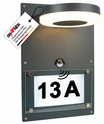 Produktbild von Grafner 2in1 Edelstahl Wandlampe mit beleuchteter Hausnummer und Bewegungsmelder, Dämmerungssensor, KEIN ROST – pulverbeschichtet, schwarz, Hausnummernleuchte Wandleuchte anthrazit