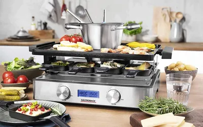 Produktbild von Gastroback Design Raclette-Fondue Advanced Plus, 9 Person(en), Edelstahl, Schwarz, Edelstahl, Rechteckig, Drehregler, 1,55 m
