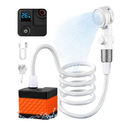 Produktbild von Tragbare Campingdusche,[7500mAh], LED-Anzeige, Wasserdurchfluss 15L/h, Camping Dusche mit Drei Wasserauslassmodi,Gartendusche mit 2 m Schlauch, Orange