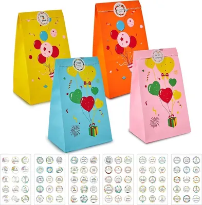 Produktbild von 40 Stück Bunte Papiertüten mit 90 Aufkleber, Geschenktüten für Kindergeburtstag und Hochzeit