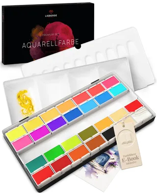 Produktbild von LIEBERGE Aquarellfarben Set 28 Farben in Metallbox | Hochpigmentierter Wasserfarbkasten mit Ganznäpfchen & Mischpaletten
