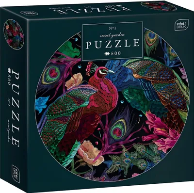 A puzzle box featuring a circular image of two peacocks and floral elements.