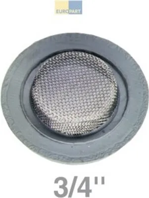 A close-up product shot of a filter with a mesh screen and a rubber seal, with text indicating its size.